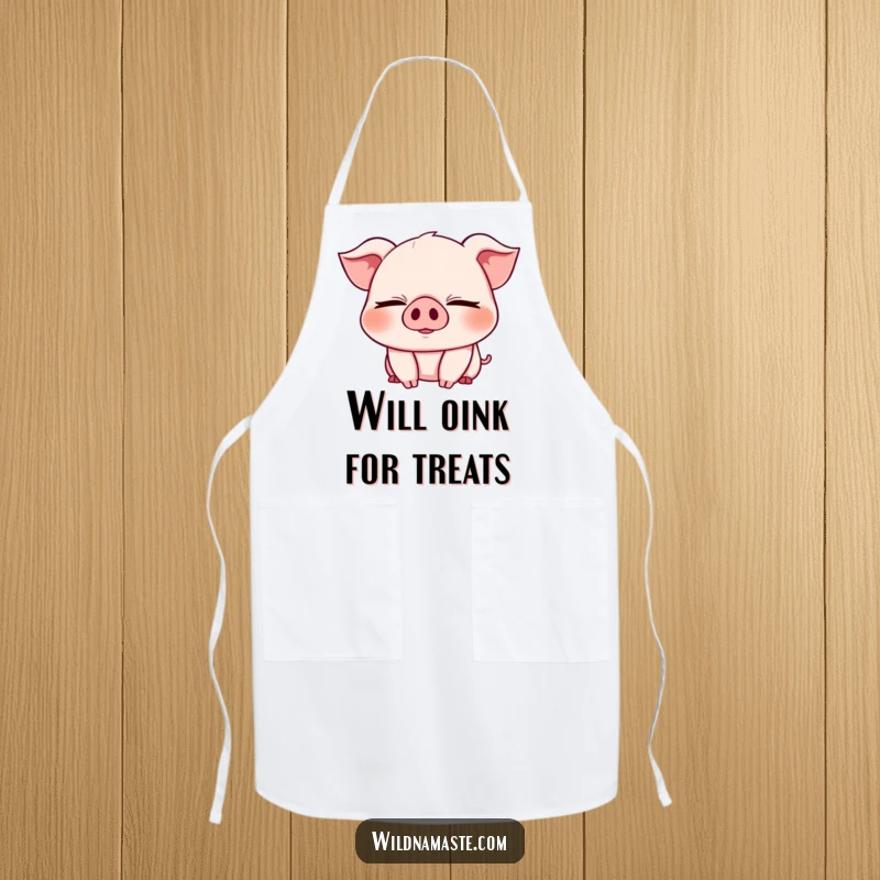 Funny apron featuring a cheerful, chubby piglet with eyes closed in a deep bend, perfect for kitchen tasks.