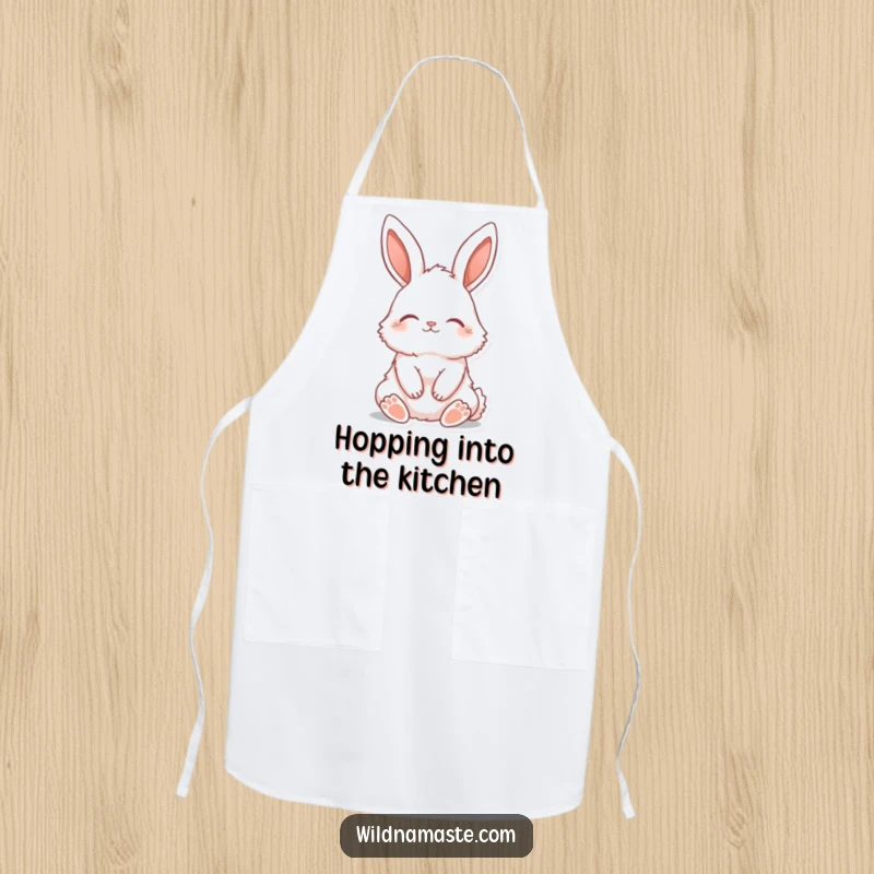 Funny apron featuring a fluffy bunny sitting tall with ears perked and eyes closed, perfect for kitchen tasks.