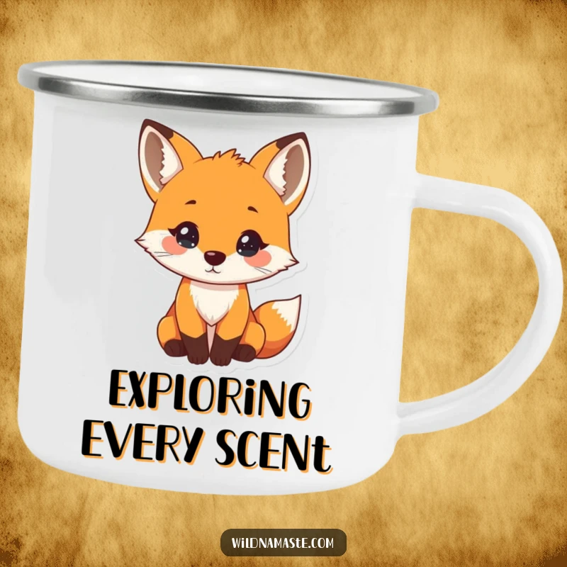Funny camping mug featuring a tiny, curious fox with its head tilted and a gentle nose twitch, perfect for outdoor exploration.