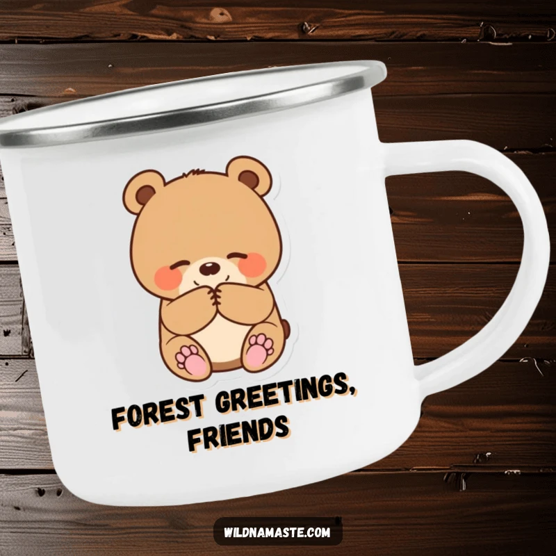Funny camping mug featuring a small, round bear cub bowing politely with paws together, perfect for outdoor enjoyment.