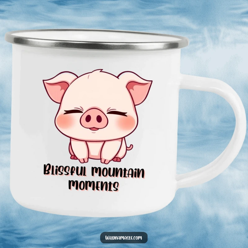 Funny camping mug featuring a cheerful, chubby piglet with eyes closed in a deep bend, perfect for outdoor enjoyment.