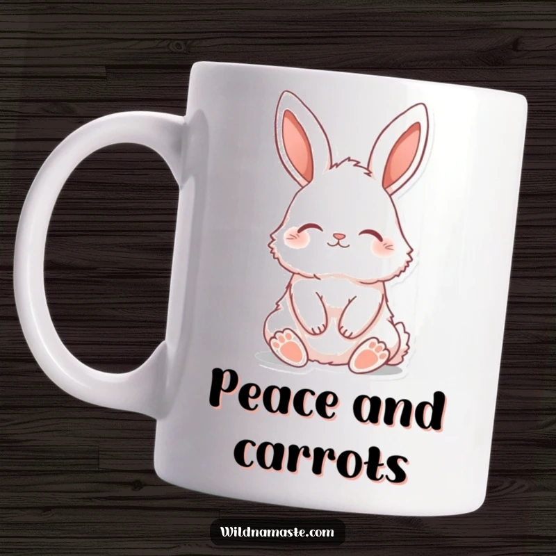 Funny mug showing a fluffy bunny with ears perked, sitting tall with closed eyes, radiating peacefulness and joy.