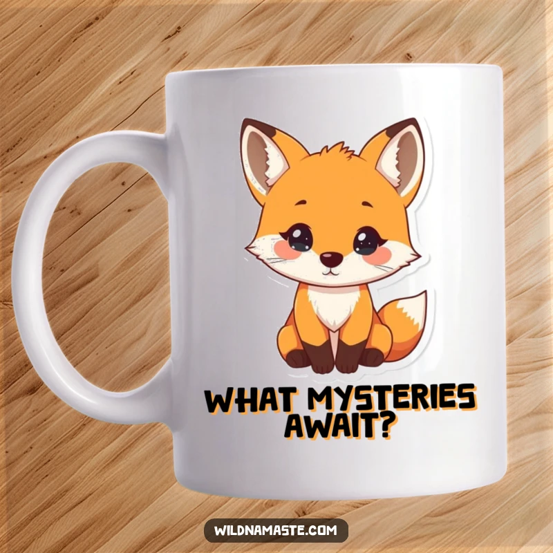 Funny mug showing a tiny, curious fox with its head tilted and a gentle nose twitch, embodying playful curiosity.