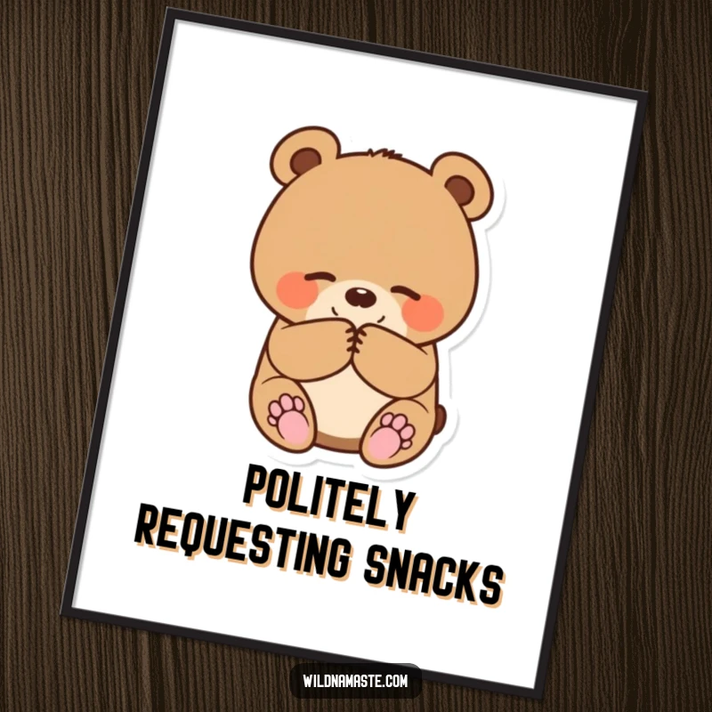 Funny digital art print of a small, round bear cub bowing happily with paws together, perfect for immediate wall decor.