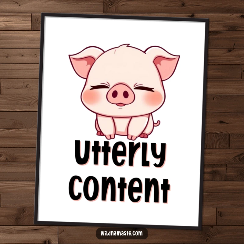 Funny digital art print of a cheerful, chubby piglet with eyes closed in a deep bend, perfect for joyful decor.