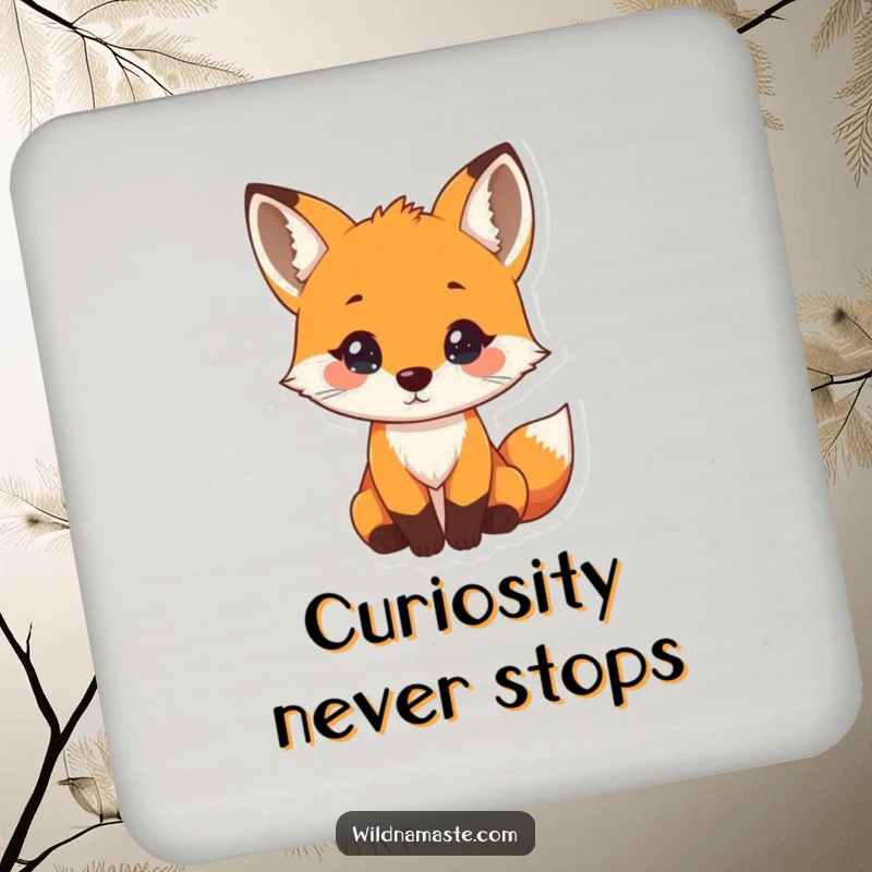 Funny drink coaster showcasing a tiny, curious fox with its head tilted and a gentle nose twitch, adding charm.