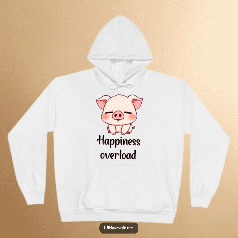 Funny hoodie featuring a cheerful, chubby piglet with eyes closed in a deep bend, offering cozy happiness.