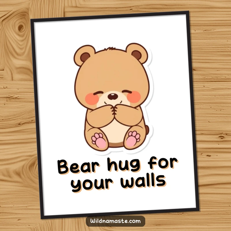 Funny Free Printable Wall Art: A small, round bear cub happily bowing with its paws together, creating a heartwarming scene.