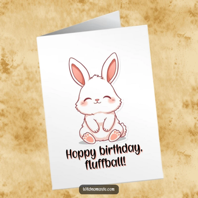Funny Free Printable Birthday Card: A fluffy bunny with ears perked sits tall, eyes closed in peaceful serenity.