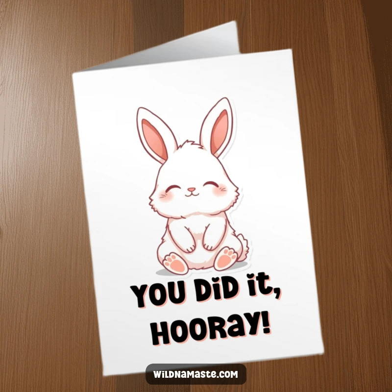 Funny Free Printable Congratulations Card: A fluffy bunny with ears perked sits tall, eyes closed, embodying calm achievement.