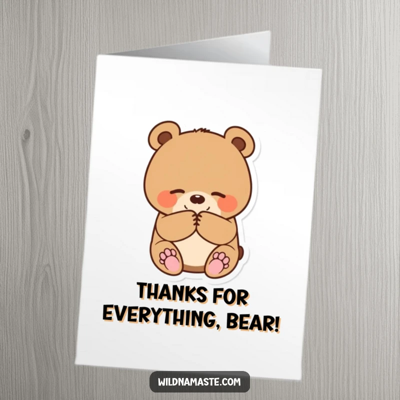 Funny Free Printable Thank You Card: A small, round bear cub bowing politely with paws together, showing sincere thanks.