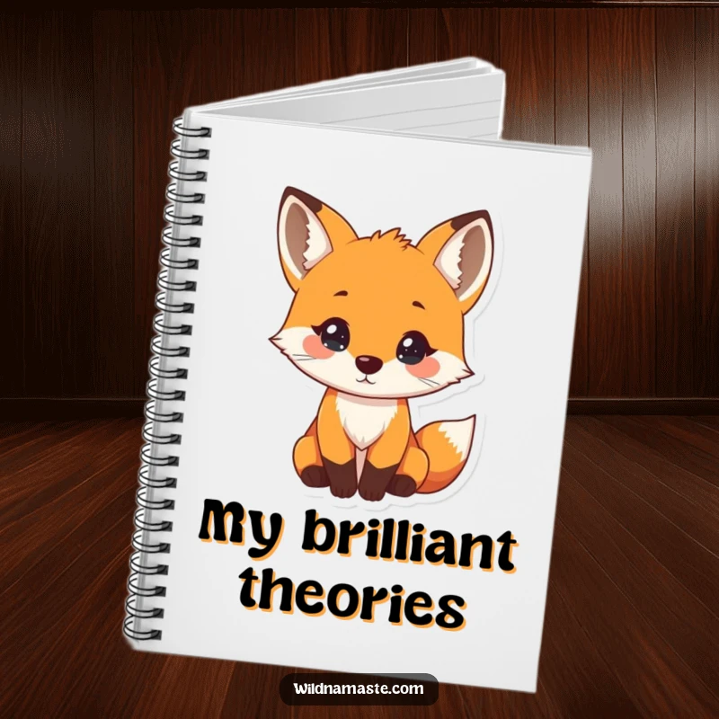 Funny notebook cover displaying a tiny, curious fox with its head tilted and a gentle nose twitch, ready for notes.