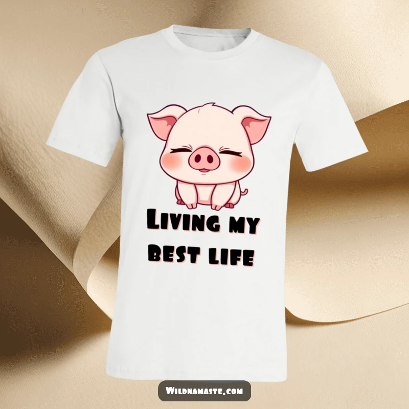 Funny t-shirt depicting a cheerful, chubby piglet with eyes closed in a deep bend, symbolizing joy and flexibility.