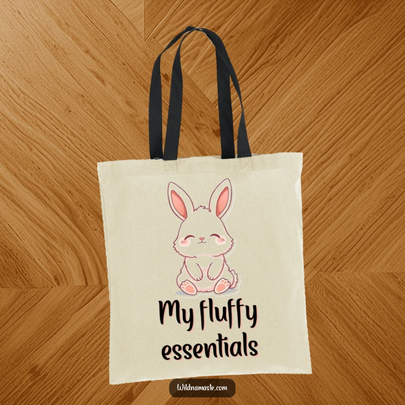 Funny tote bag illustrated with a fluffy bunny sitting tall with ears perked and eyes closed, embodying peace.